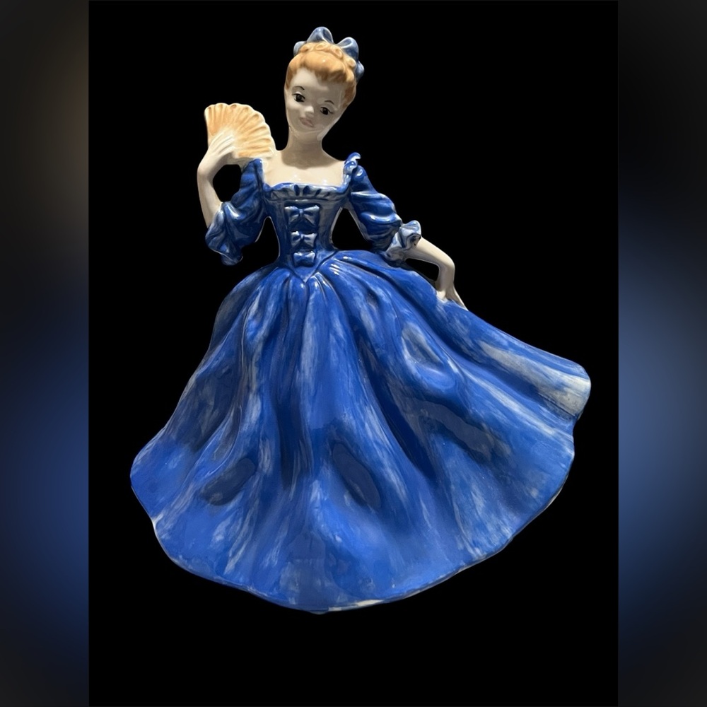 Hand-Painted Blue Porcelain Lady Figurine with Fan